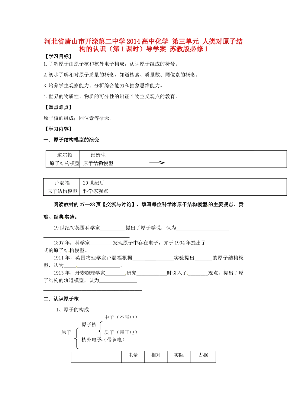 河北省唐山市开滦第二中学2014高中化学 第三单元 人类对原子结构的认识（第1课时）导学案 苏教版必修1 _第1页