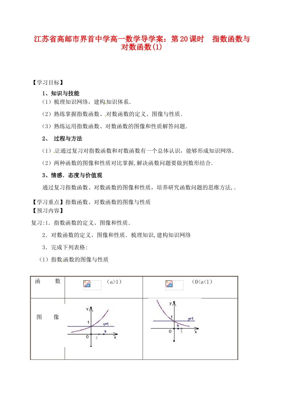 江苏省高邮市界首中学高一数学 第20课时 指数函数与对数函数（1）导学案_第1页