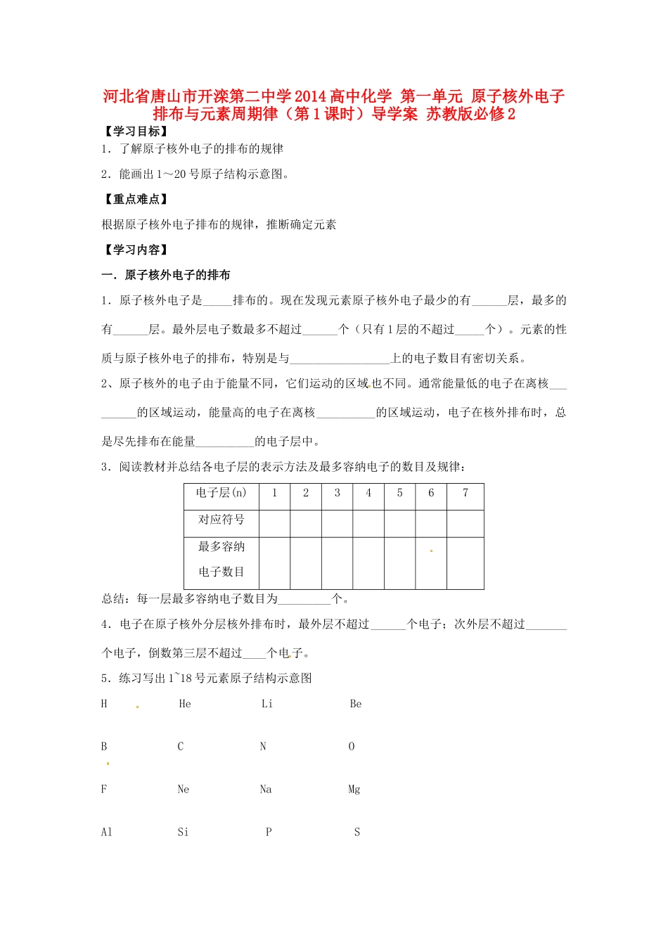 河北省唐山市开滦第二中学2014高中化学 第一单元 原子核外电子排布与元素周期律（第1课时）导学案 苏教版必修2_第1页