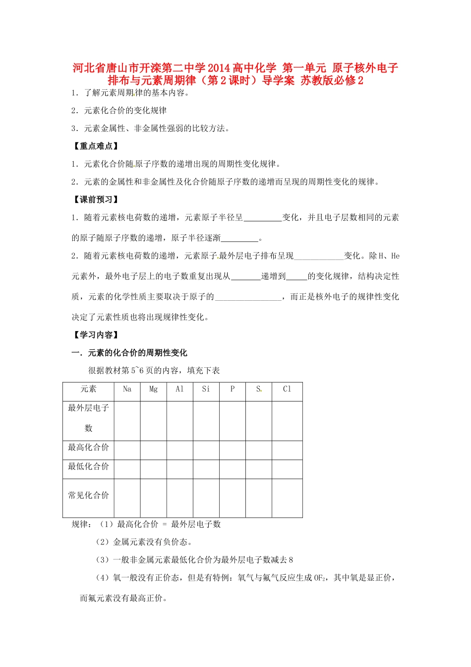 河北省唐山市开滦第二中学2014高中化学 第一单元 原子核外电子排布与元素周期律（第2课时）导学案 苏教版必修2_第1页