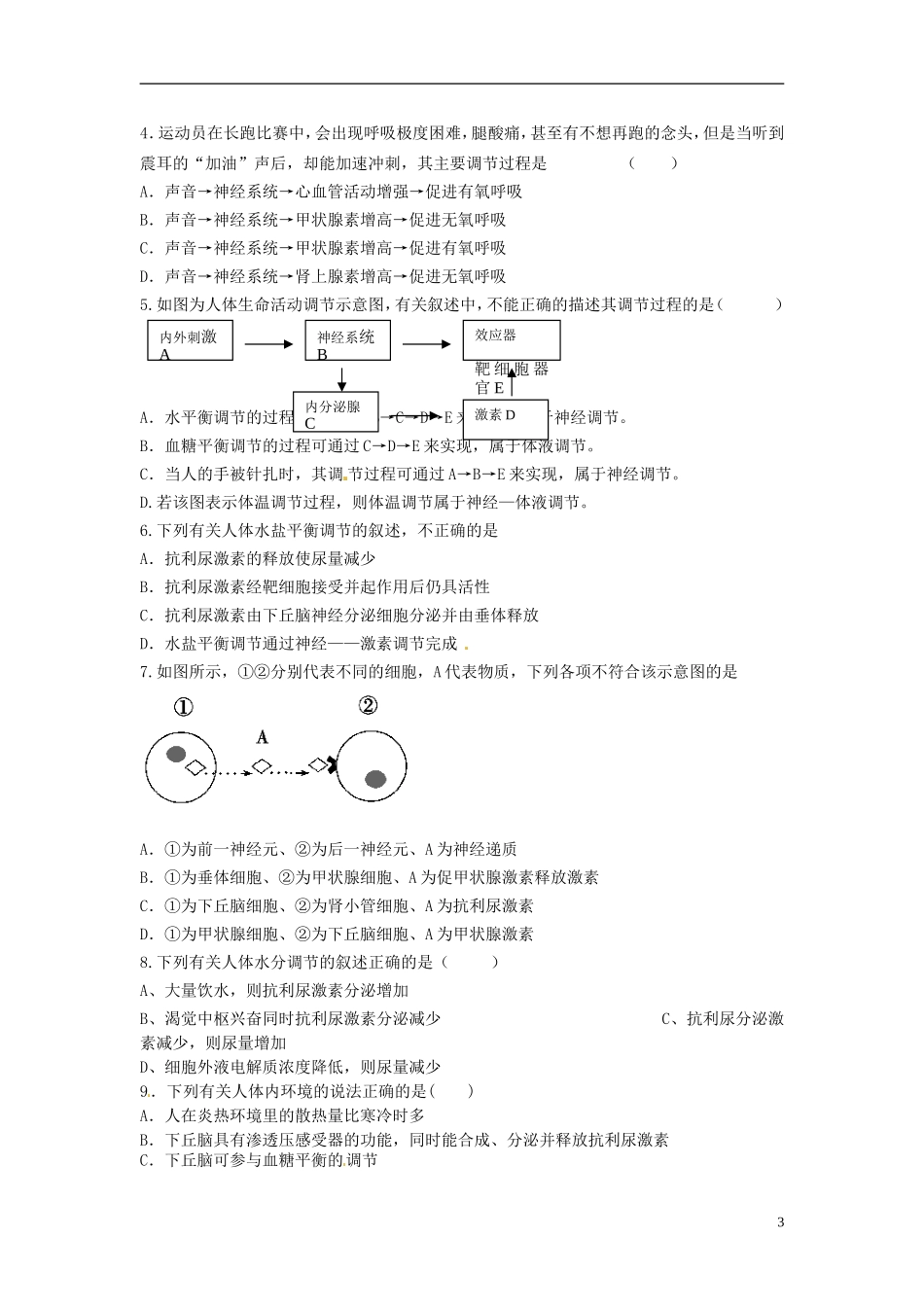 河北省唐山市开滦第二中学高中生物 2.3.2 神经调节与体验调节的关系导学案 新人教版选修3_第3页
