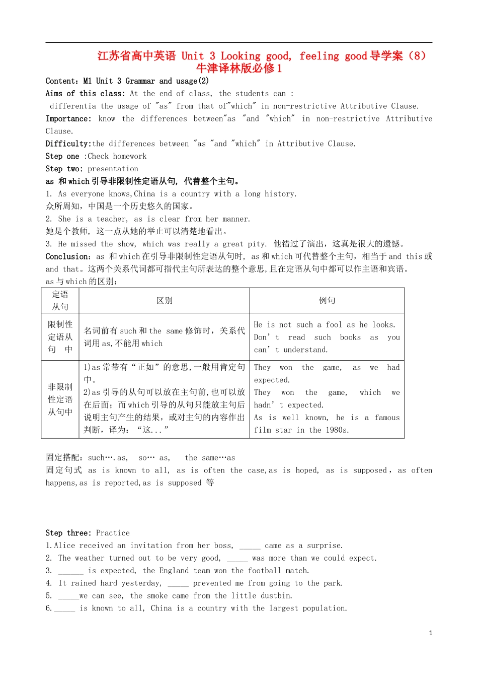 江苏省高中英语 Unit 3 Looking good, feeling good导学案（8） 牛津译林版必修1_第1页