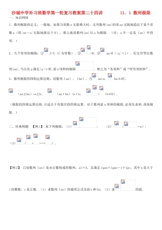 河北省沙城中学补习班高三数学第一轮复习第8讲学案  11．1 数列极限
