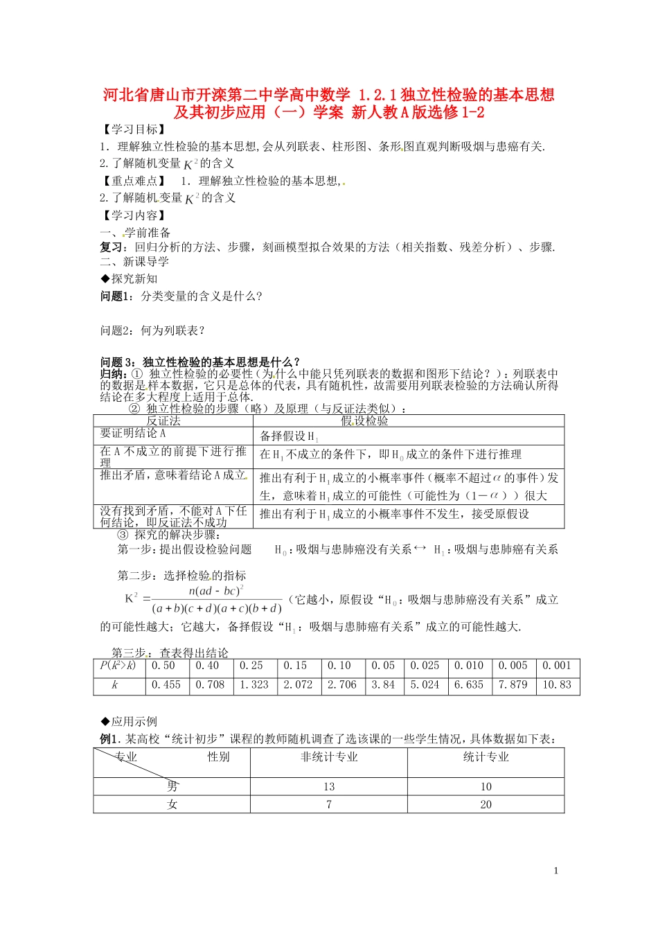 河北省唐山市开滦第二中学高中数学 1.2.1独立性检验的基本思想及其初步应用（一）学案 新人教A版选修1-2_第1页
