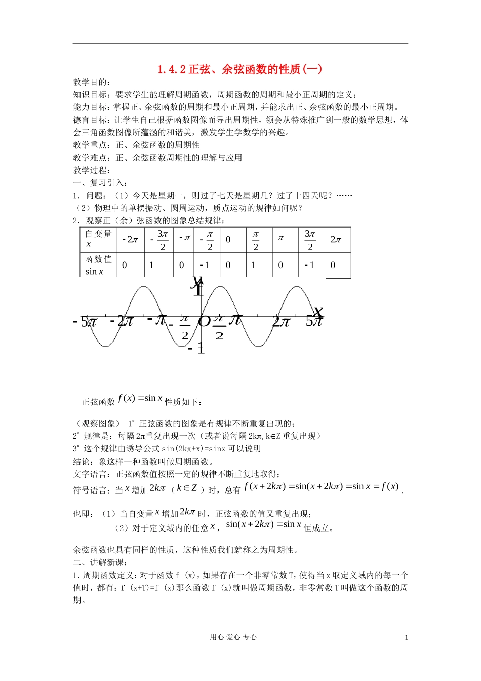 河北省容城县2013学年高中数学 1.4.2正弦、余弦函数的性质（1）教案 新人教A版必修4_第1页