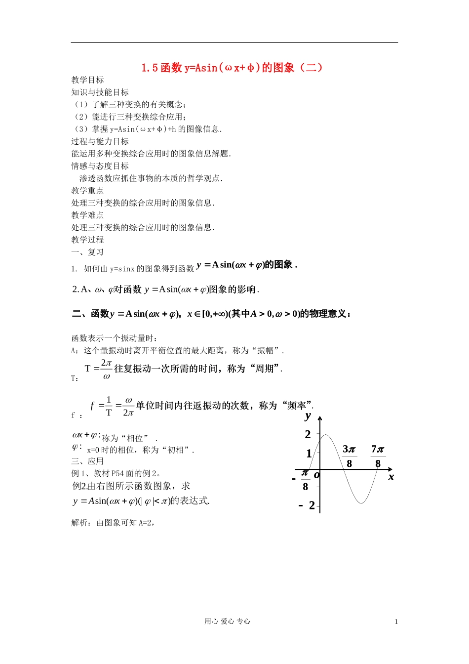 河北省容城县2013学年高中数学 1.5函数y=Asin（ωx+φ）的图象教案 新人教A版必修4_第1页