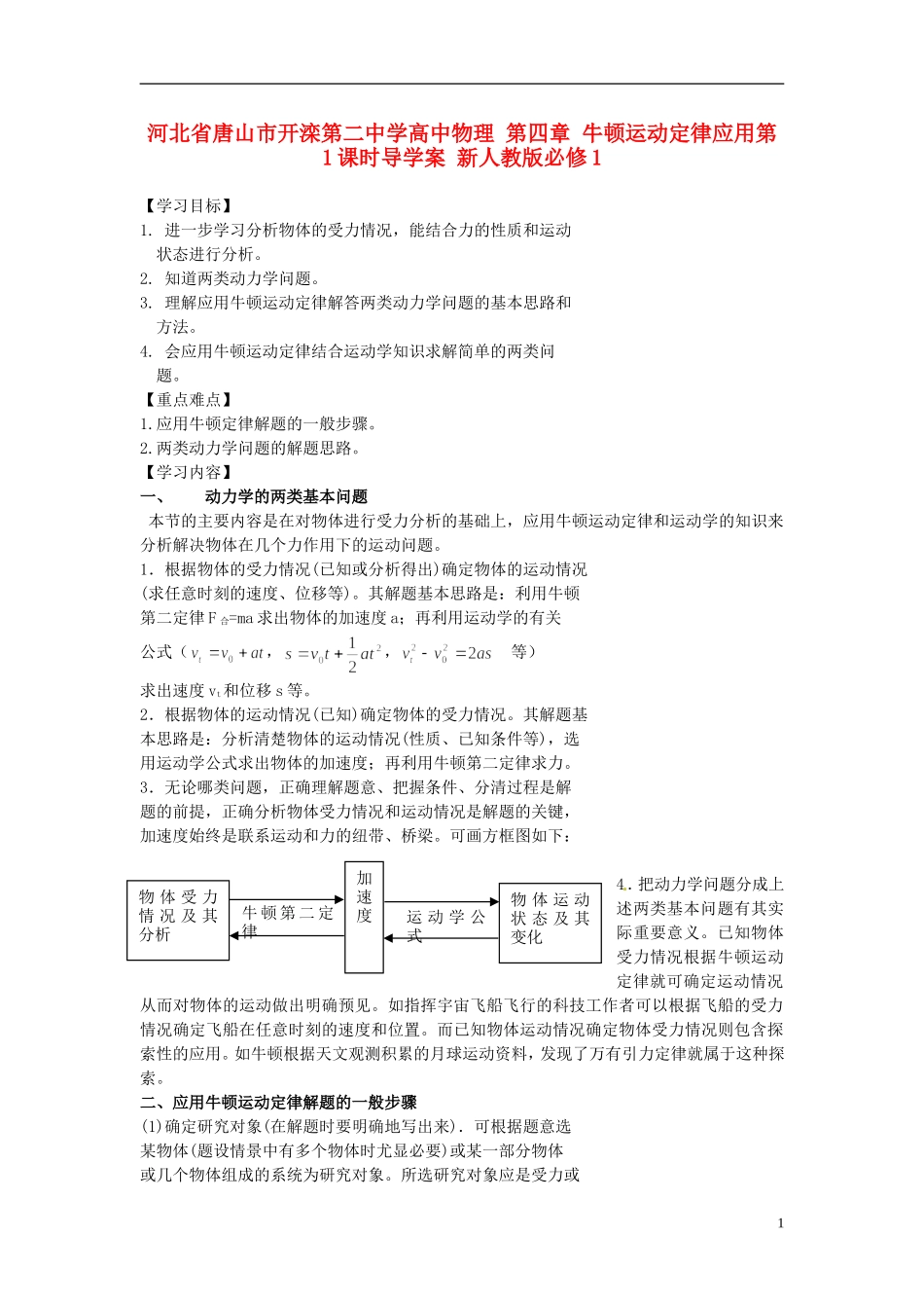 河北省唐山市开滦第二中学高中物理 第四章 牛顿运动定律应用第1课时导学案 新人教版必修1_第1页