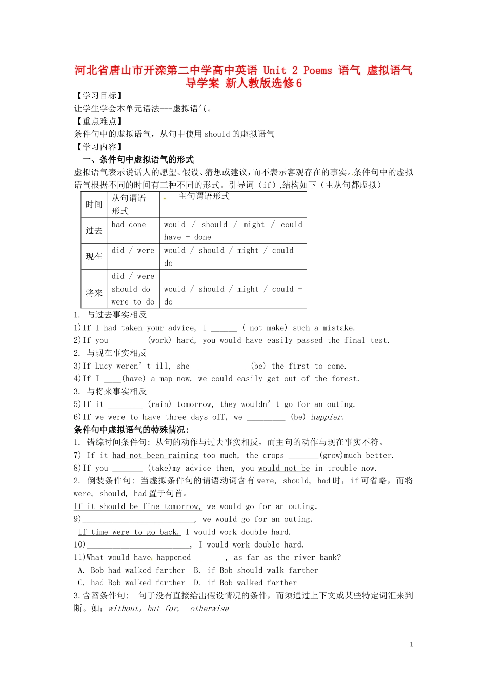 河北省唐山市开滦第二中学高中英语 Unit 2 Poems 语气 虚拟语气导学案 新人教版选修6_第1页