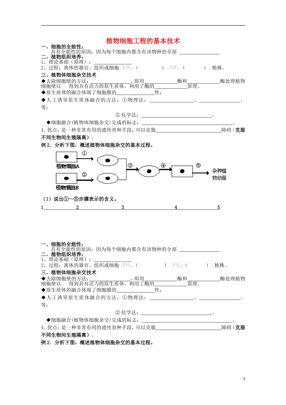河北省唐山市迁西县新集中学高中生物 植物细胞工程学案1 新人教版选修3_第1页