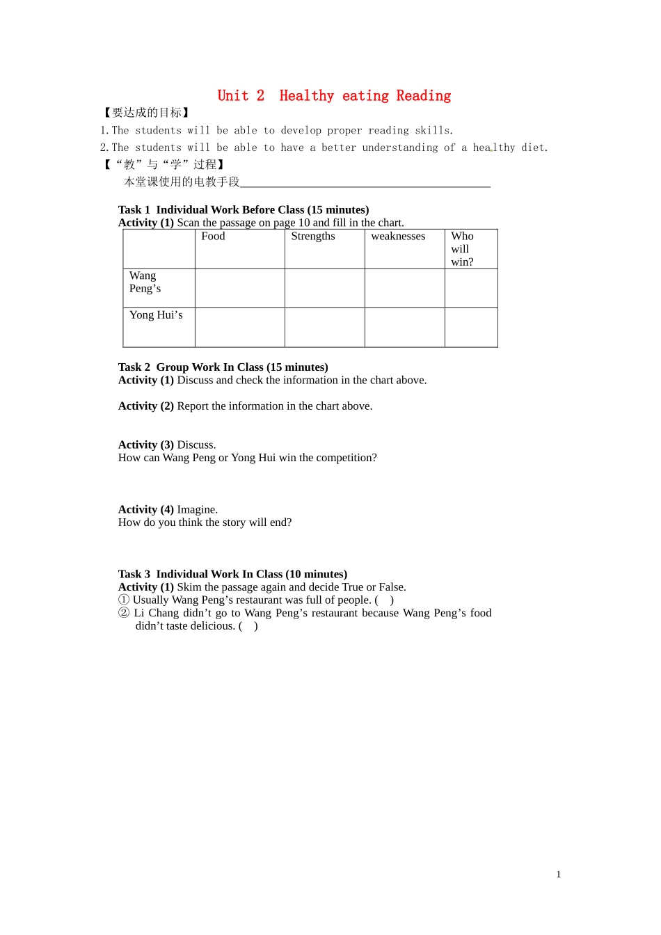 江西省宜春市宜春中学高中英语 Unit2 Healthy eating Reading学案 新人教版必修3_第1页