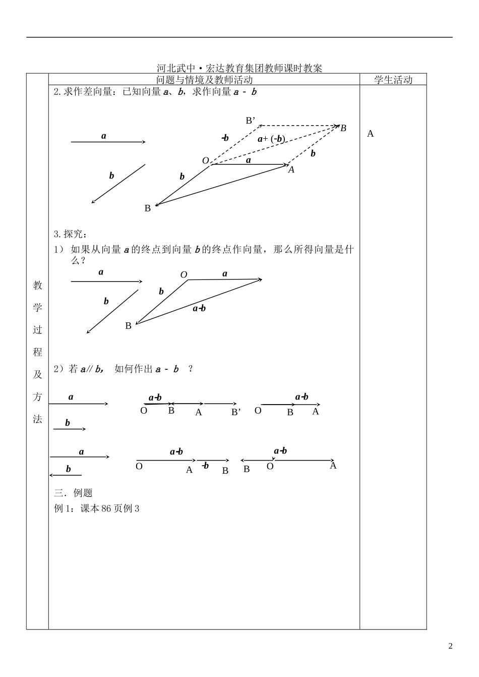 河北省武邑中学高中数学 §2.2.2向量的减法运算及其几何意义教案 新人教A版必修4_第2页