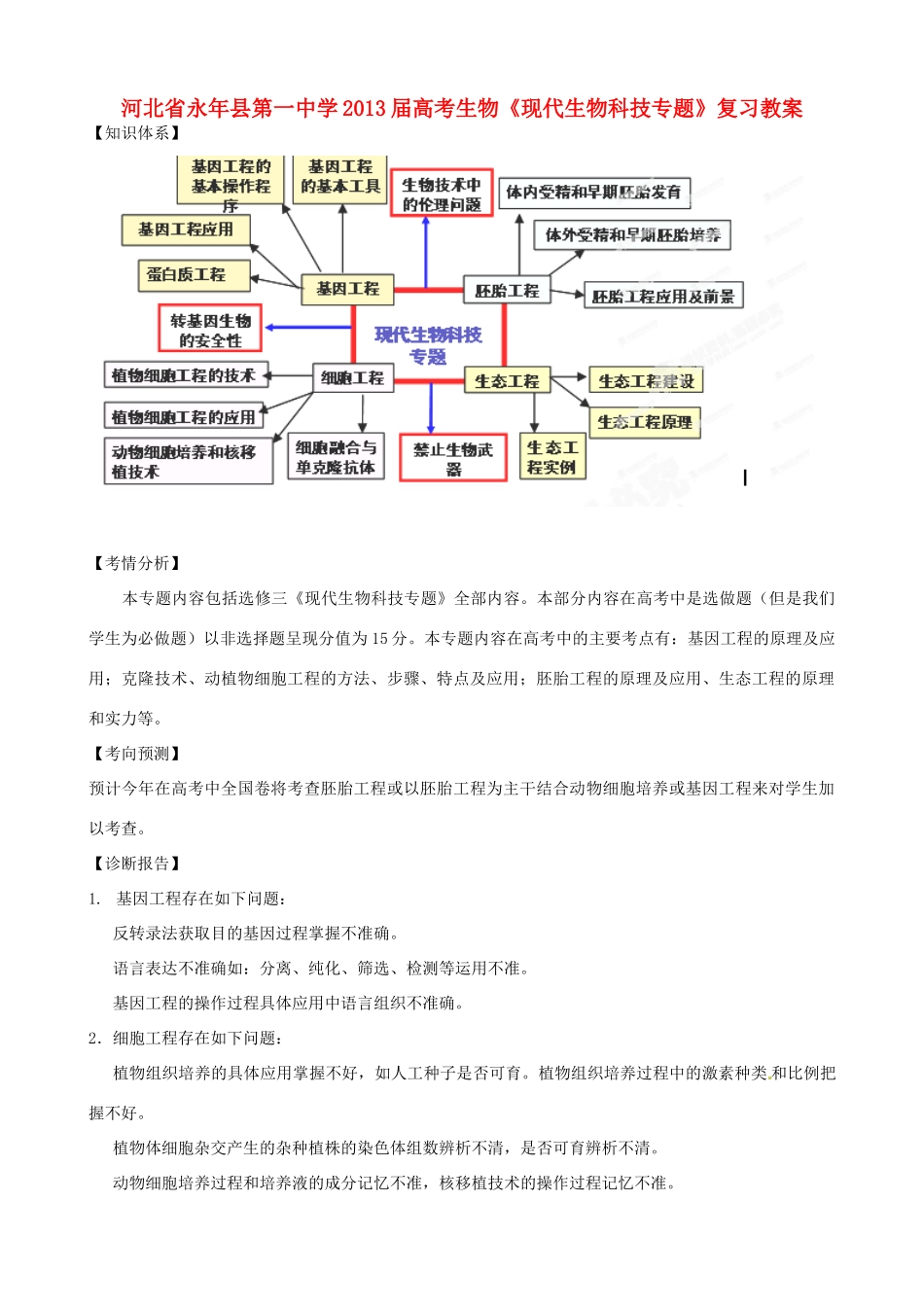 河北省永年县第一中学2013届高考生物《现代生物科技专题》复习教案_第1页