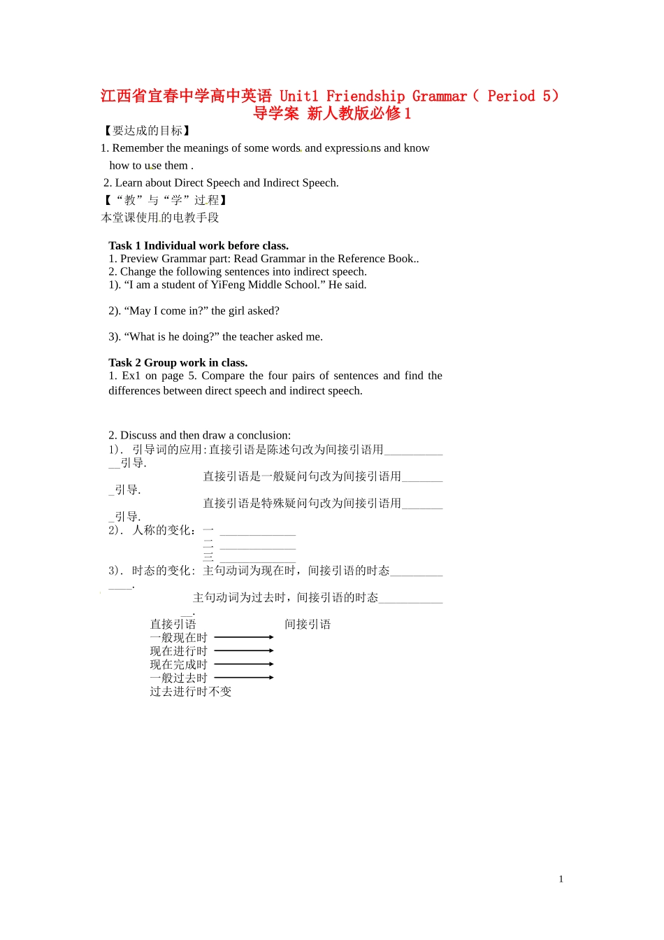 江西省宜春中学高中英语 Unit1 Friendship Grammar（ Period 5）教学案 新人教版必修1_第1页