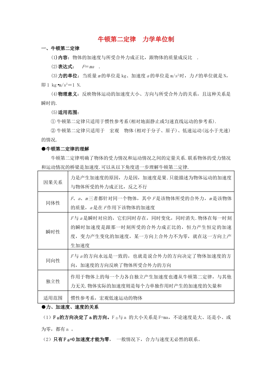 河南省洛阳市第十九中学2014高考物理一轮复习讲义 牛顿第二定律  力学单位制_第1页