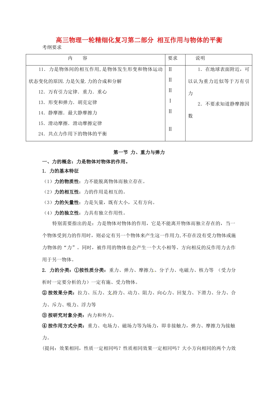 河南省洛阳市第十九中学2014高考物理一轮复习讲义 相互作用与物体的平衡_第1页