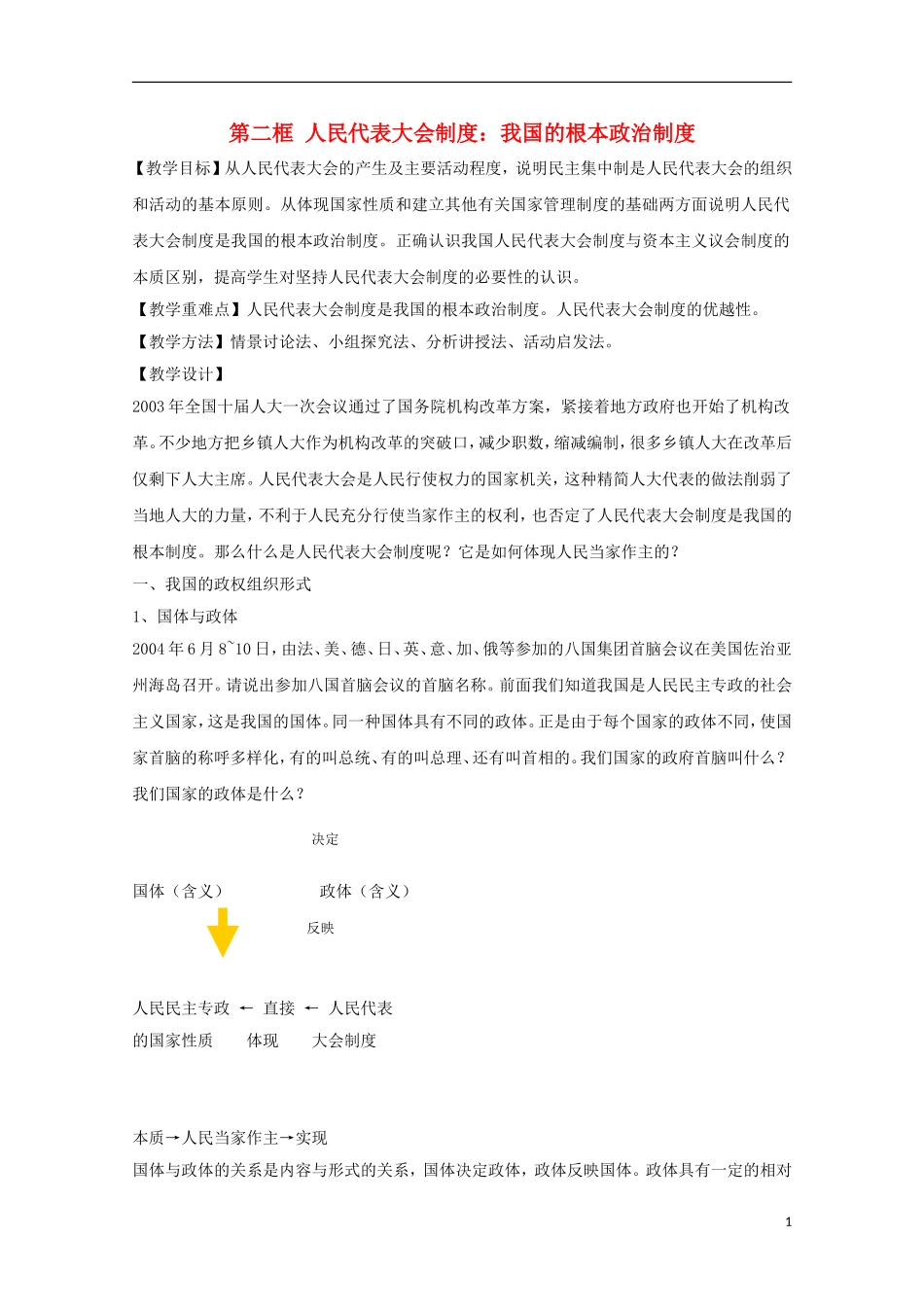 河北省张家口一中2014年高中政治 5.2《我国的根本政治制度》教案 新人教版必修2_第1页