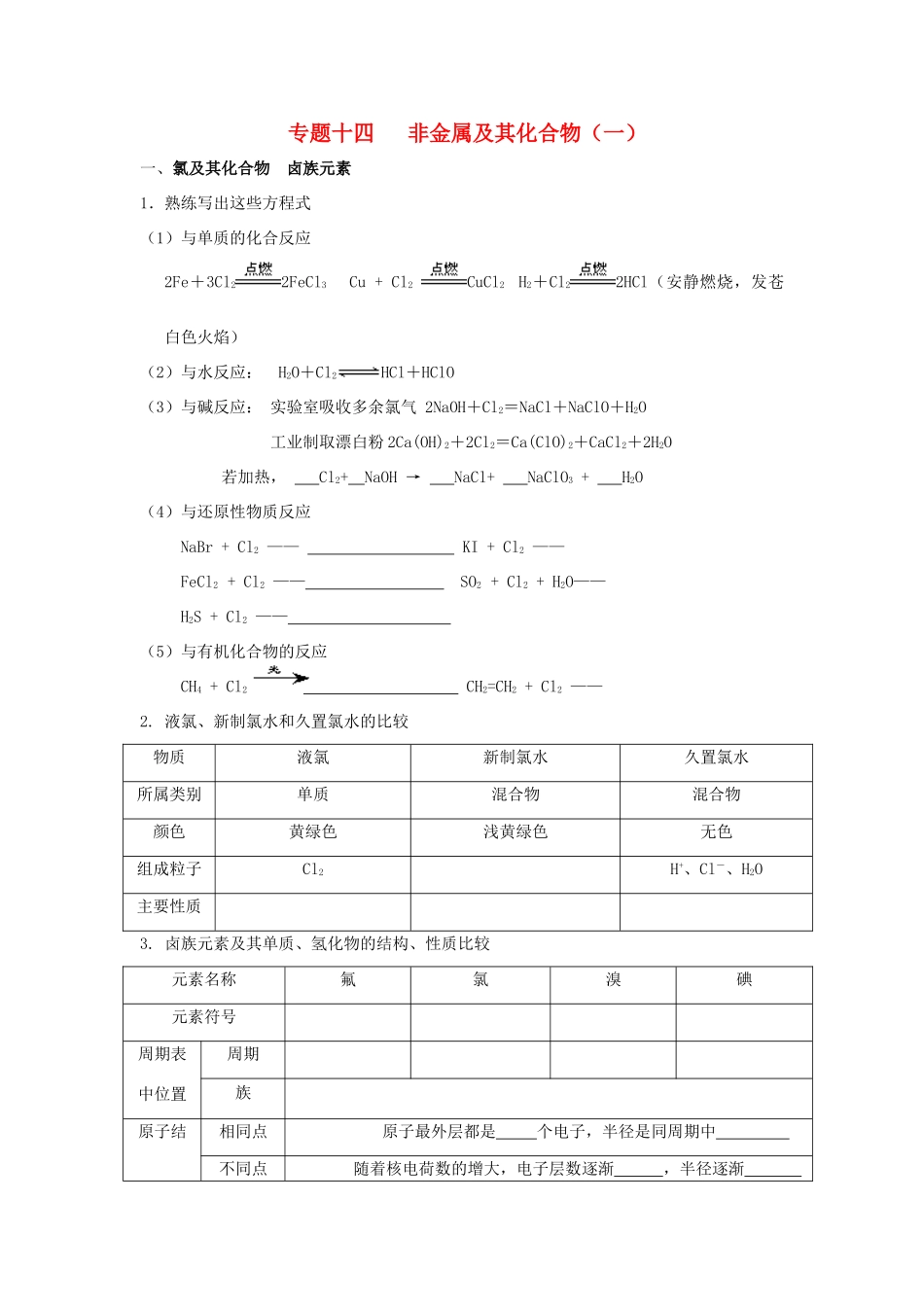 河南省商丘市高考化学第二轮复习 专题十四 非金属及其化合物（一）教学案-人教版高三全册化学教学案_第1页