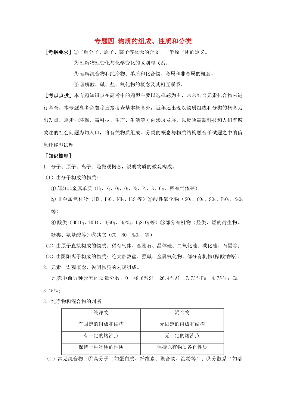河南省商丘市高考化学第二轮复习 专题四 物质的组成、性质和分类教学案-人教版高三全册化学教学案_第1页