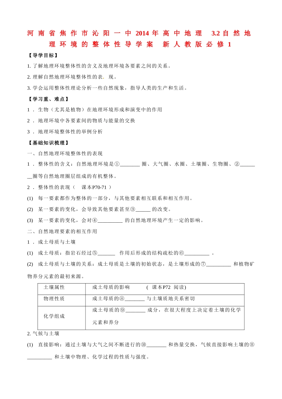 河南省焦作市沁阳一中2014年高中地理 3.2自然地理环境的整体性导学案 新人教版必修1_第1页