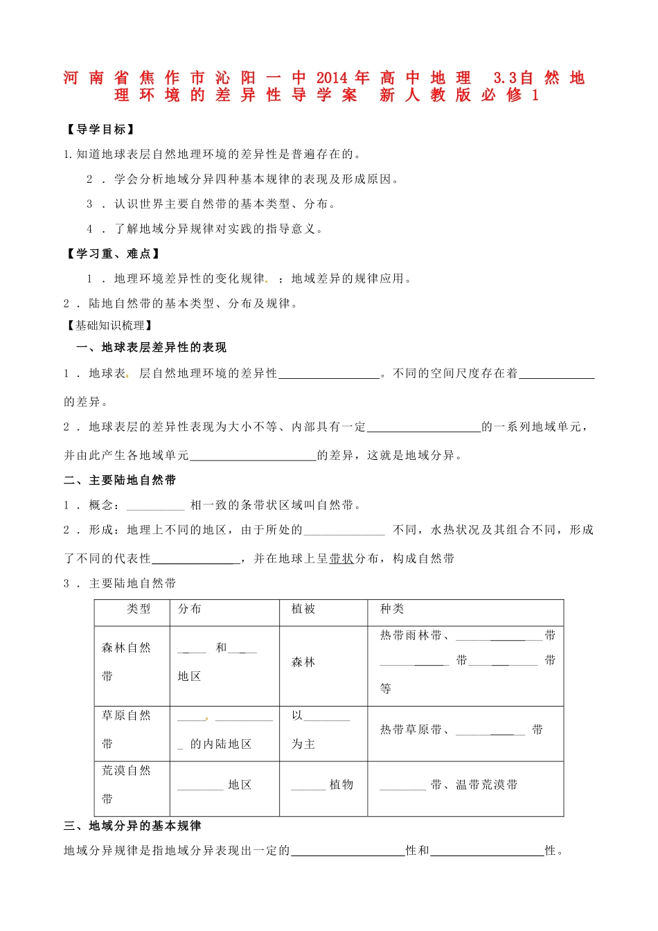 河南省焦作市沁阳一中2014年高中地理 3.3自然地理环境的差异性导学案 新人教版必修1_第1页