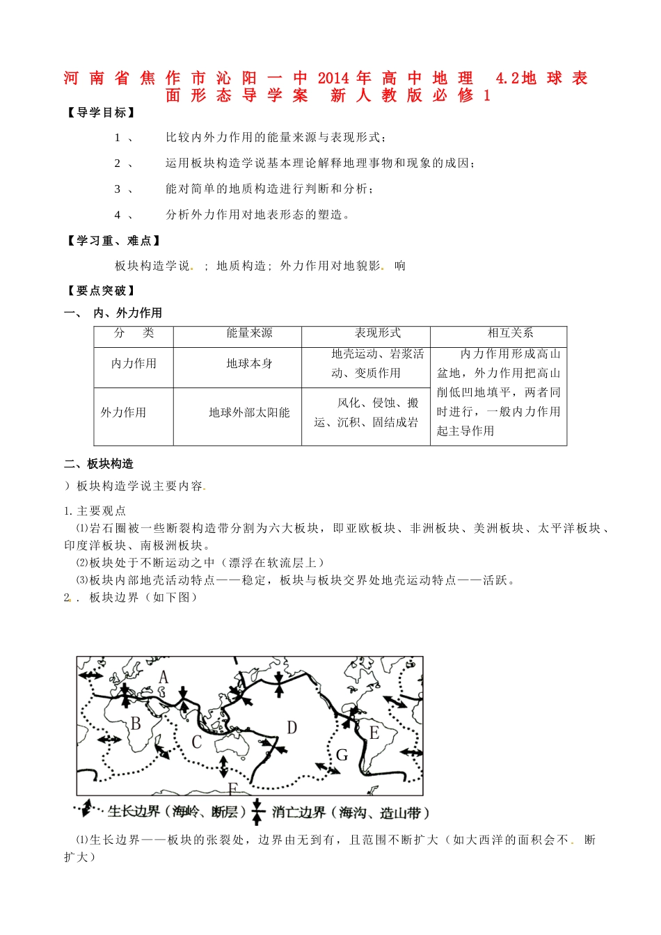河南省焦作市沁阳一中2014年高中地理 4.2地球表面形态导学案 新人教版必修1_第1页