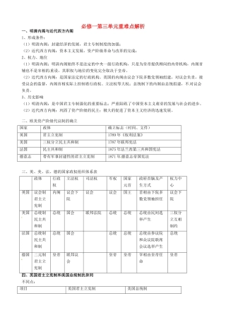 河南省焦作市沁阳一中2014年高中历史 第三单元 近代西方资本主义政治制度的确立与发展重难点解析 新人教版必修1