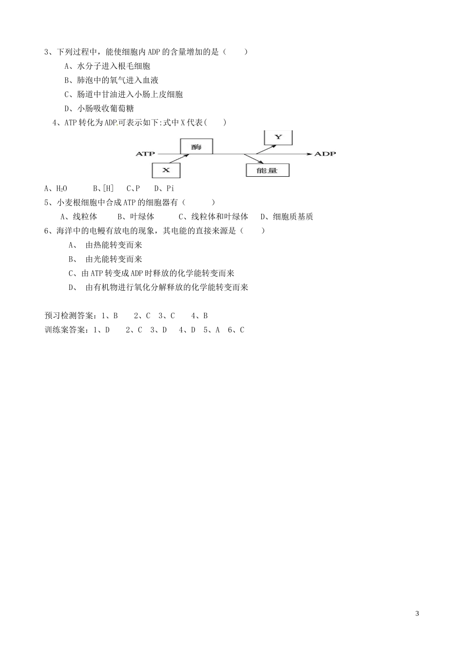 河南省焦作市沁阳一中2015版高中生物 5.2细胞的能量“通货”ATP导学案 新人教版必修1_第3页