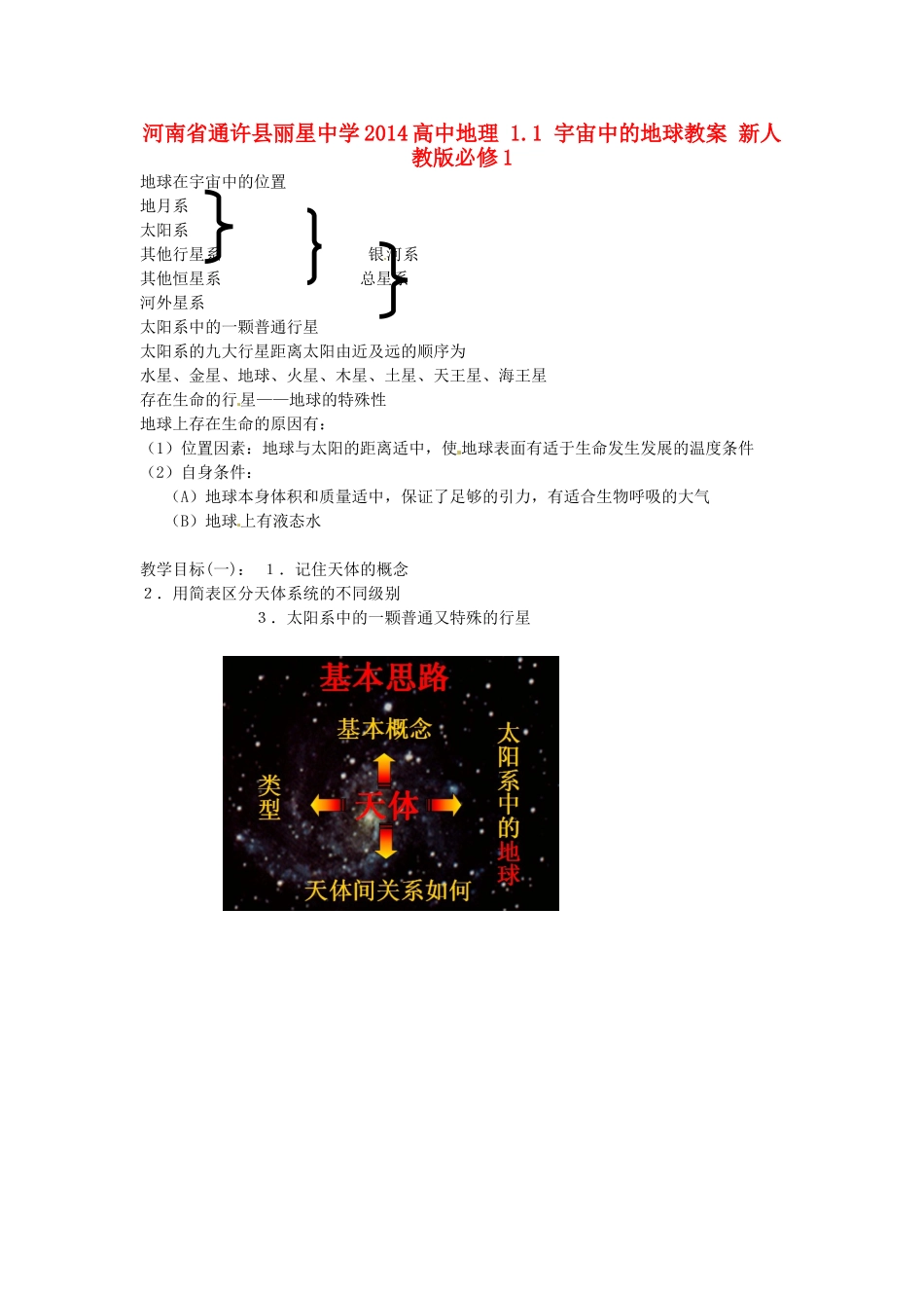 河南省通许县丽星中学2014高中地理 1.1 宇宙中的地球教案 新人教版必修1_第1页