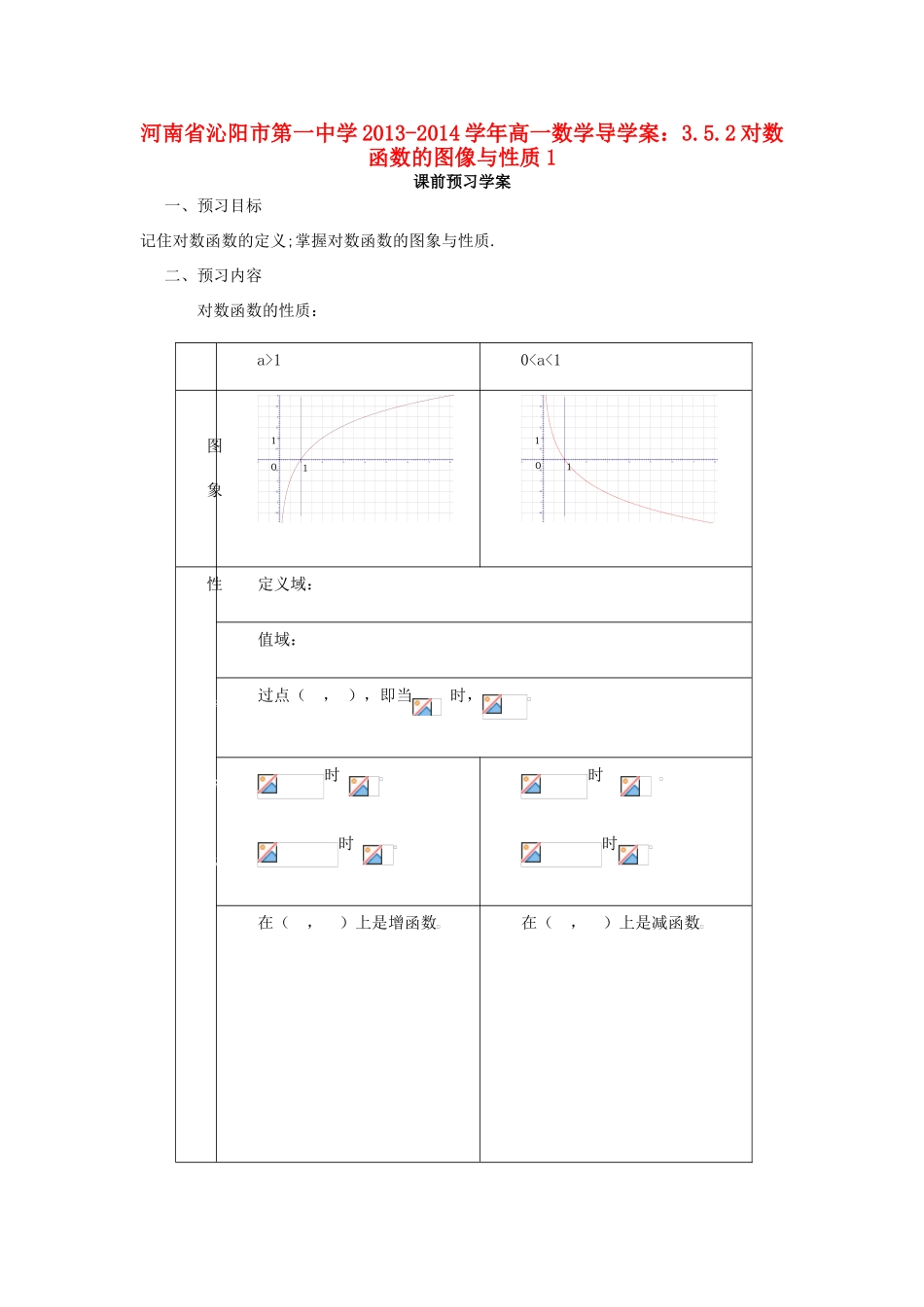 河南省沁阳市第一中学2013-2014学年高一数学 3.5.2对数函数的图像与性质1导学案_第1页
