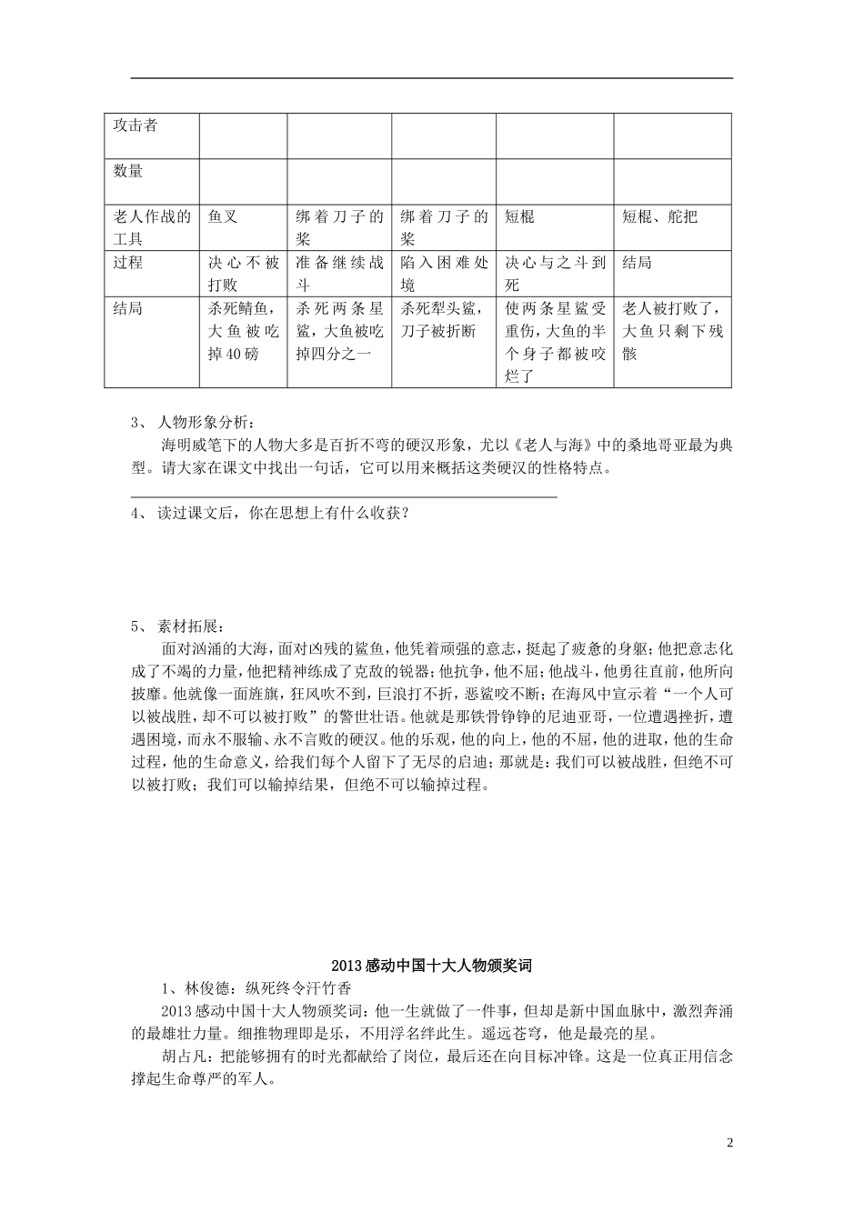 河南省灵宝市第三高级中学2012-2013学年高一语文上学期《老人与海》导学案 新人教版_第2页