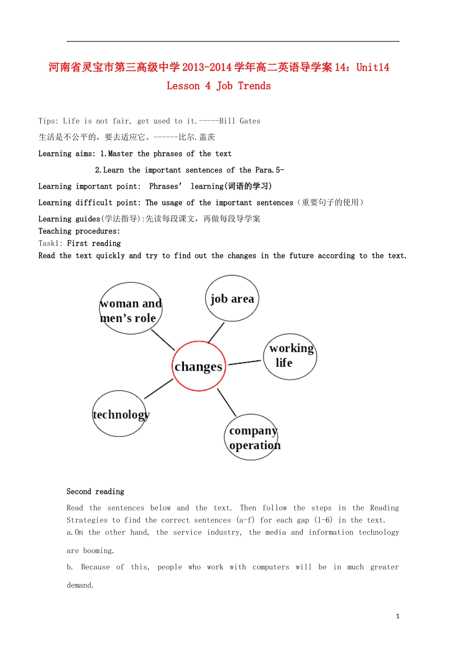 河南省灵宝市第三高级中学2013-2014学年高二英语 Unit14 Lesson 4 Job Trends导学案_第1页