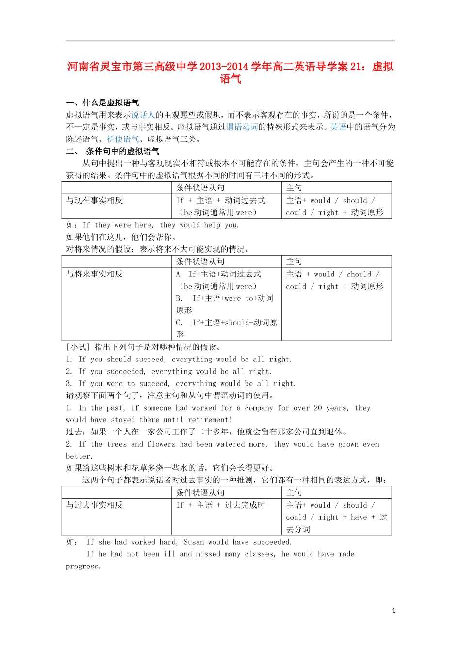 河南省灵宝市第三高级中学2013-2014学年高二英语 虚拟语气导学案_第1页
