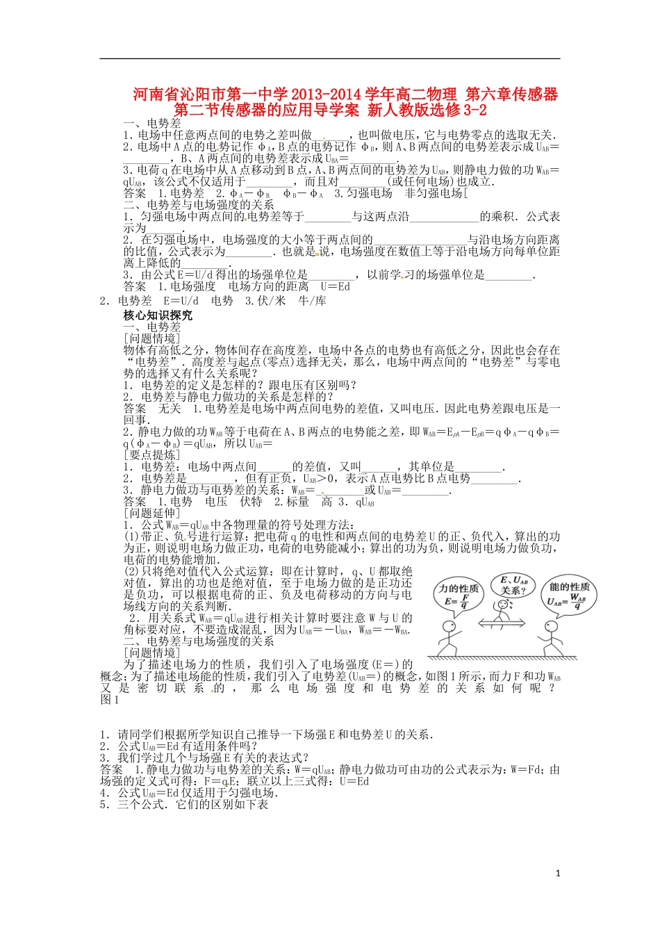 河南省沁阳市第一中学2013-2014学年高中物理 第六节 电势差与场强的关系导学案 新人教版选修3-1_第1页