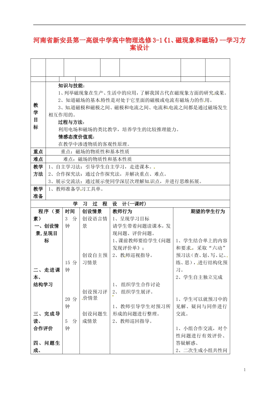 河南省新安县第一高级中学高中物理《磁现象和磁场》学习方案设计_第1页