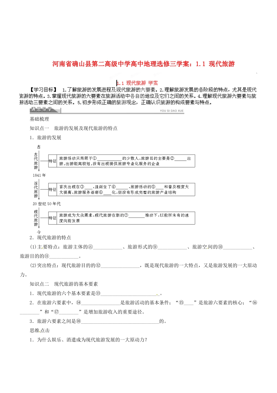 河南省确山县第二高级中学高中地理 1.1 现代旅游学案 新人教版选修3_第1页