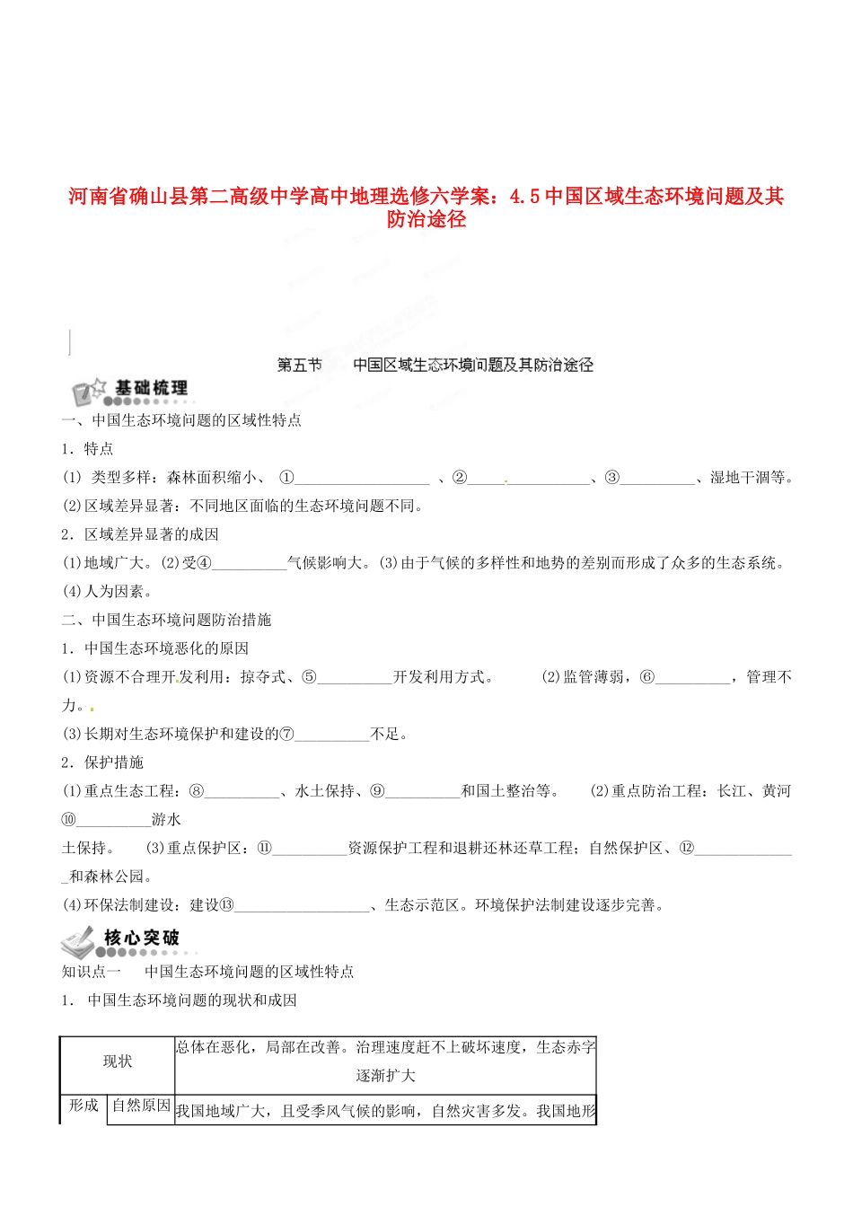 河南省确山县第二高级中学高中地理 4.5中国区域生态环境问题及其防治途径学案 新人教版选修6_第1页