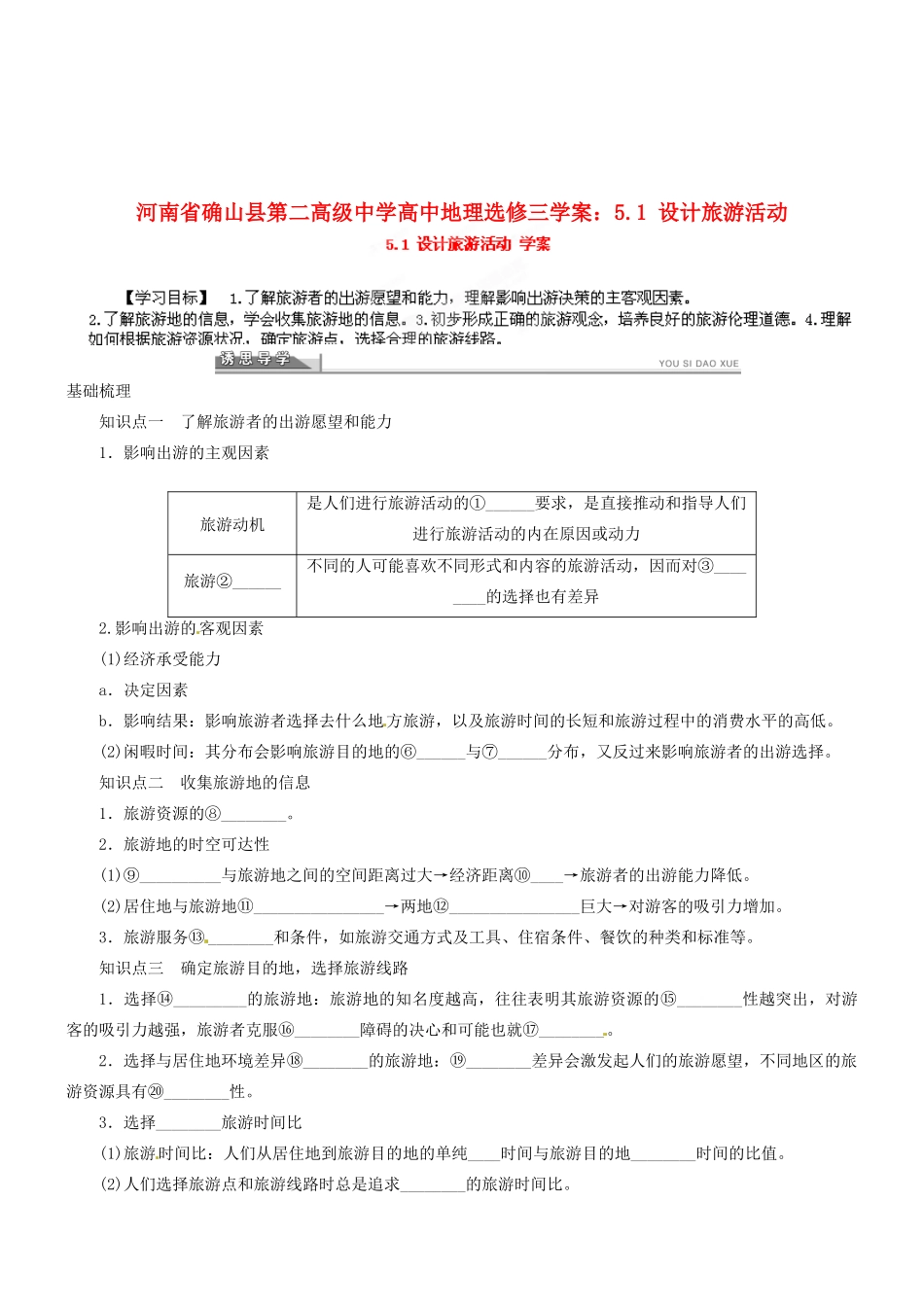河南省确山县第二高级中学高中地理 5.1 设计旅游活动学案 新人教版选修3_第1页