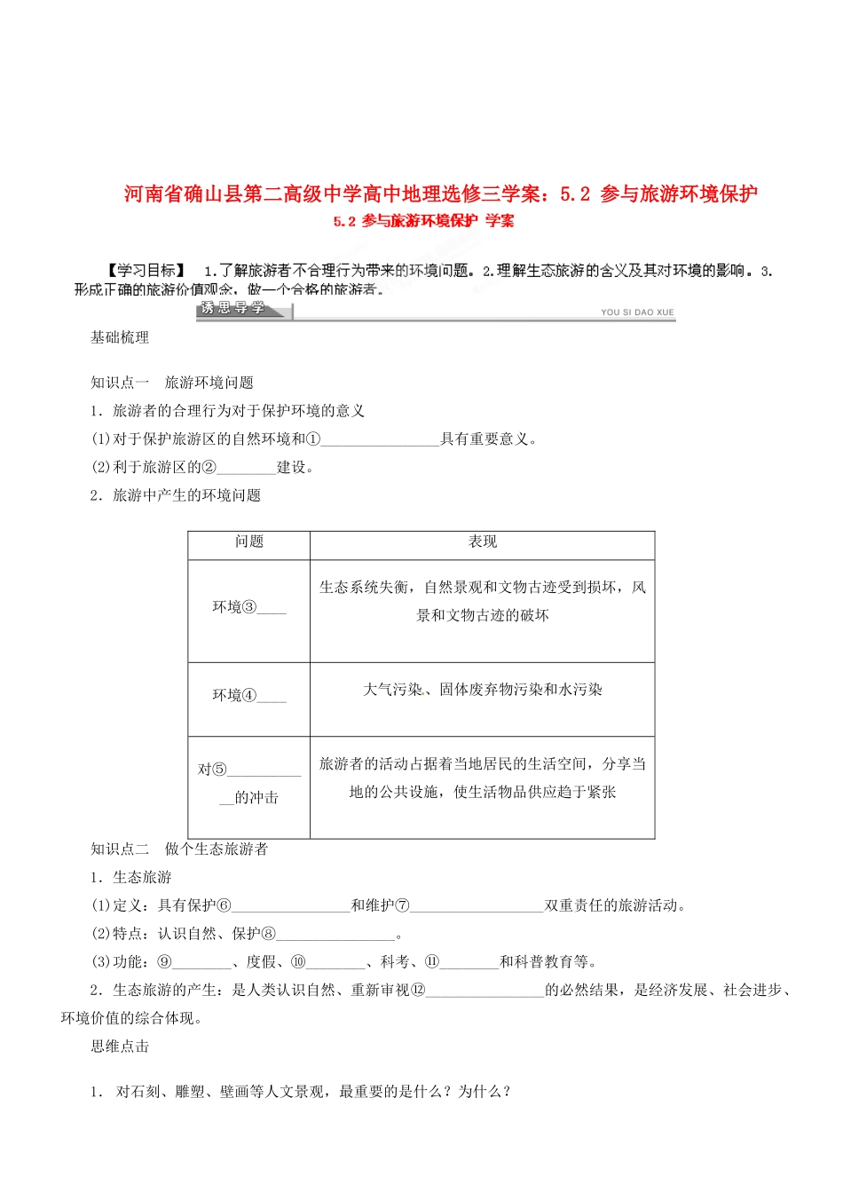 河南省确山县第二高级中学高中地理 5.2 参与旅游环境保护学案 新人教版选修3_第1页