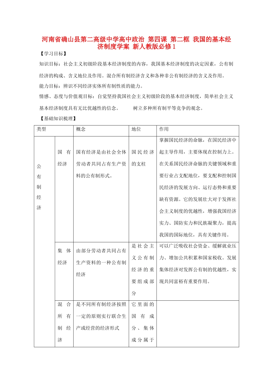 河南省确山县第二高级中学高中政治 第四课 第二框 我国的基本经济制度学案 新人教版必修1_第1页