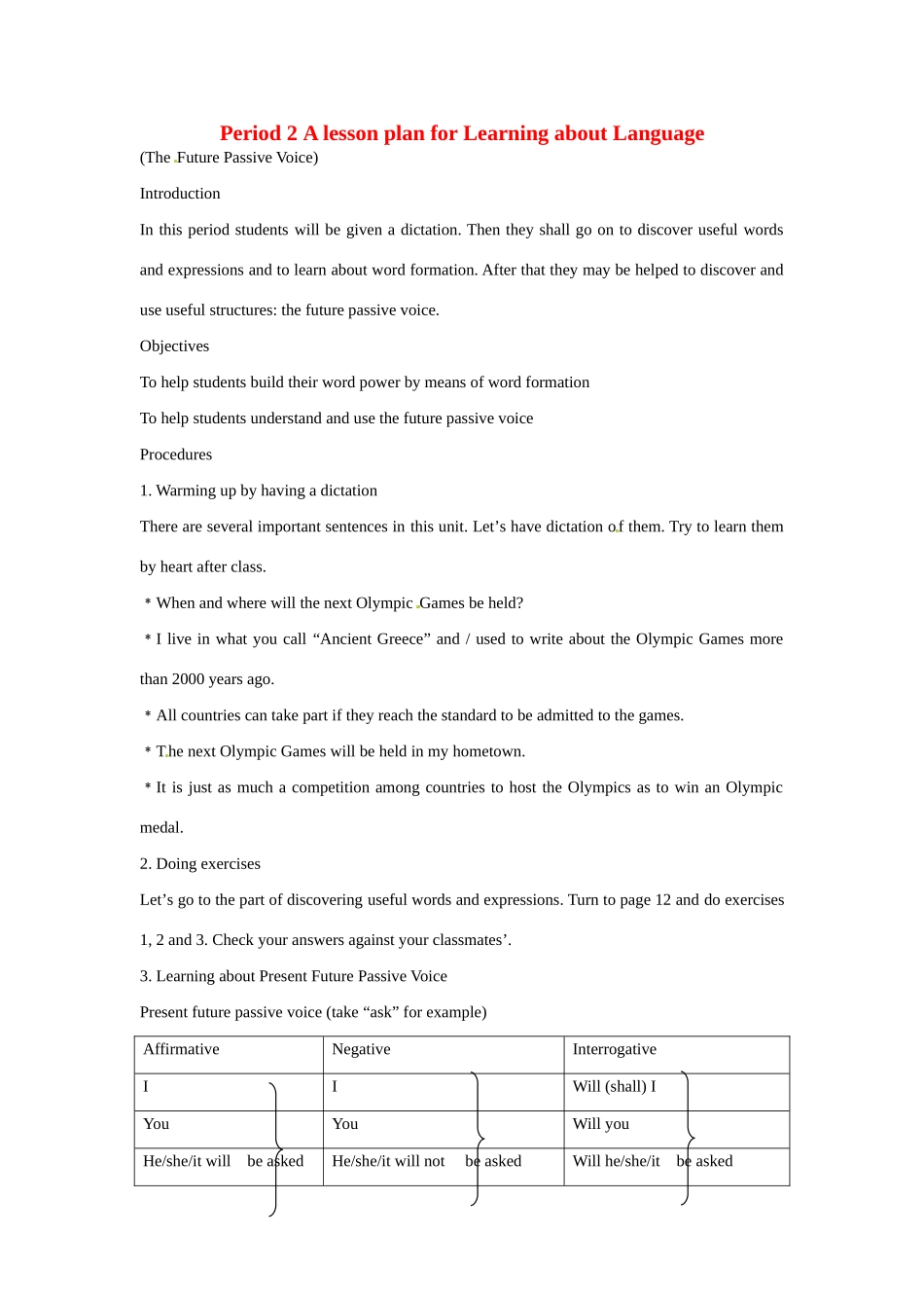 浙江省2013年高中英语 Unit2 the olympic games period教学设计2 新人教版必修2_第1页