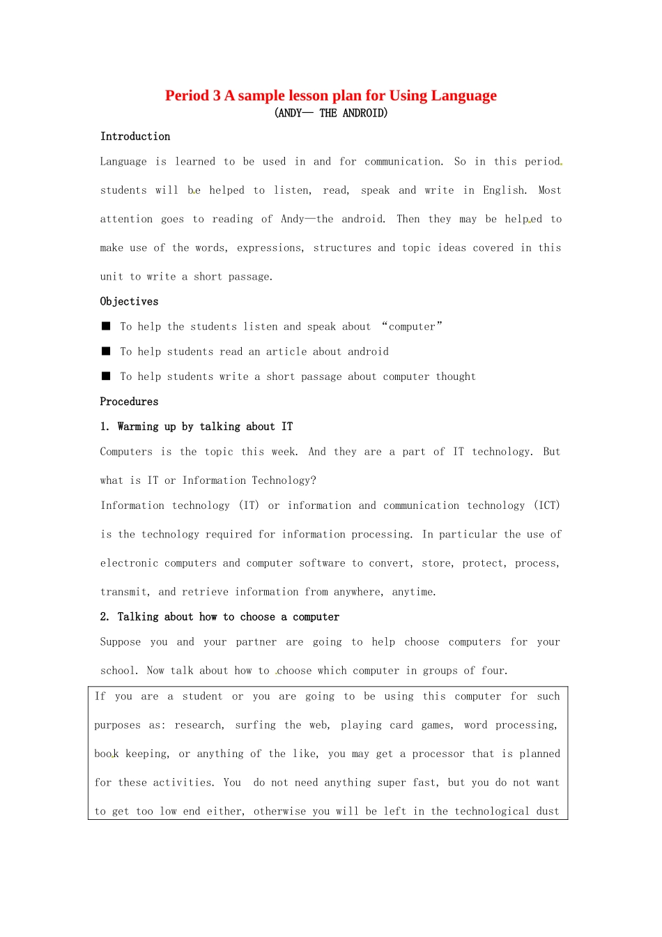 浙江省2013年高中英语 Unit3 period A sample lesson plan for Using Language教学设计3 新人教版必修2_第1页