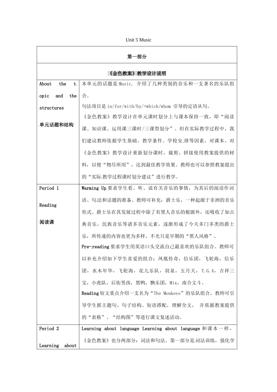 浙江省2013年高中英语 Unit5 Music教学设计说明 新人教版必修2_第1页
