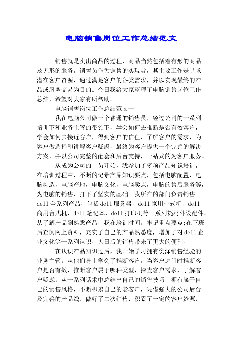 电脑销售岗位工作总结范文_第1页