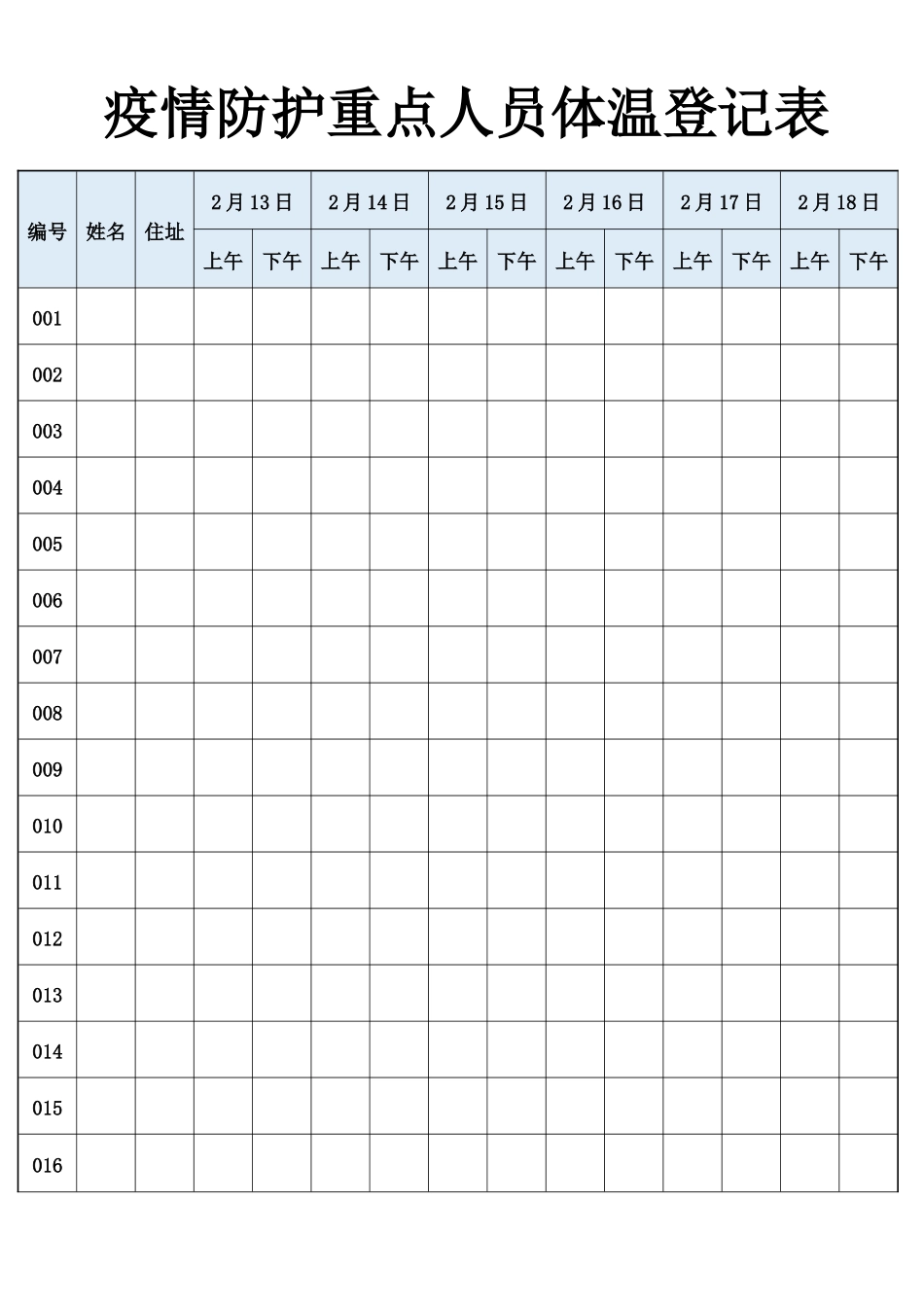 疫情防护重点人员体温登记表疫情_第1页