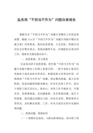 盐务局“不担当不作为”问题自查报告