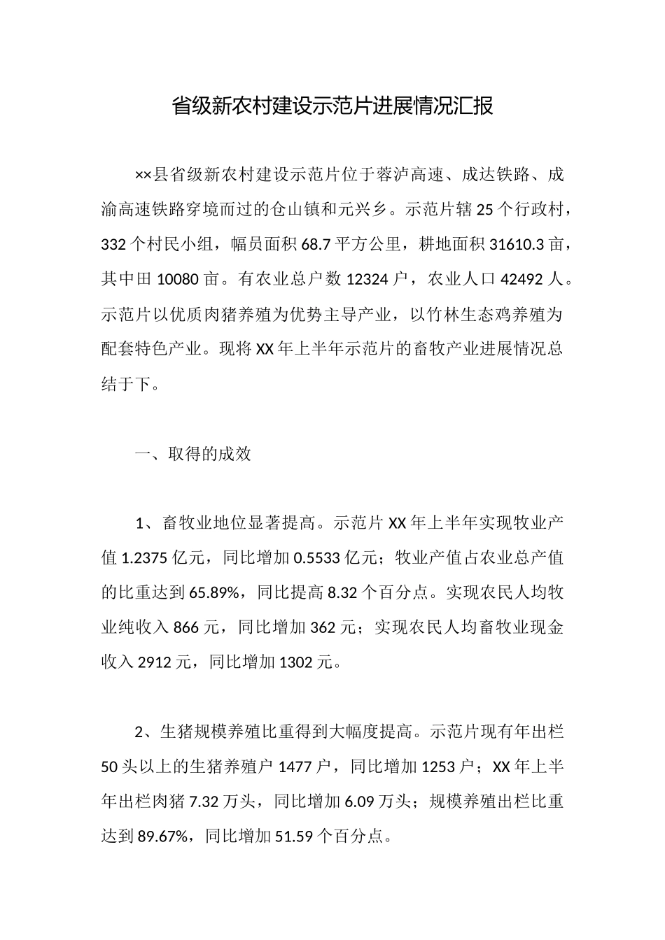 省级新农村建设示范片发展情况汇报_第1页
