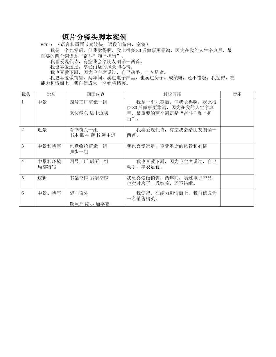 短片VCR分镜头拍摄脚本_第1页