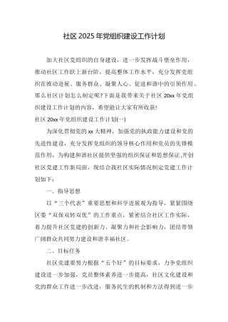 社区2025年党组织建设工作计划