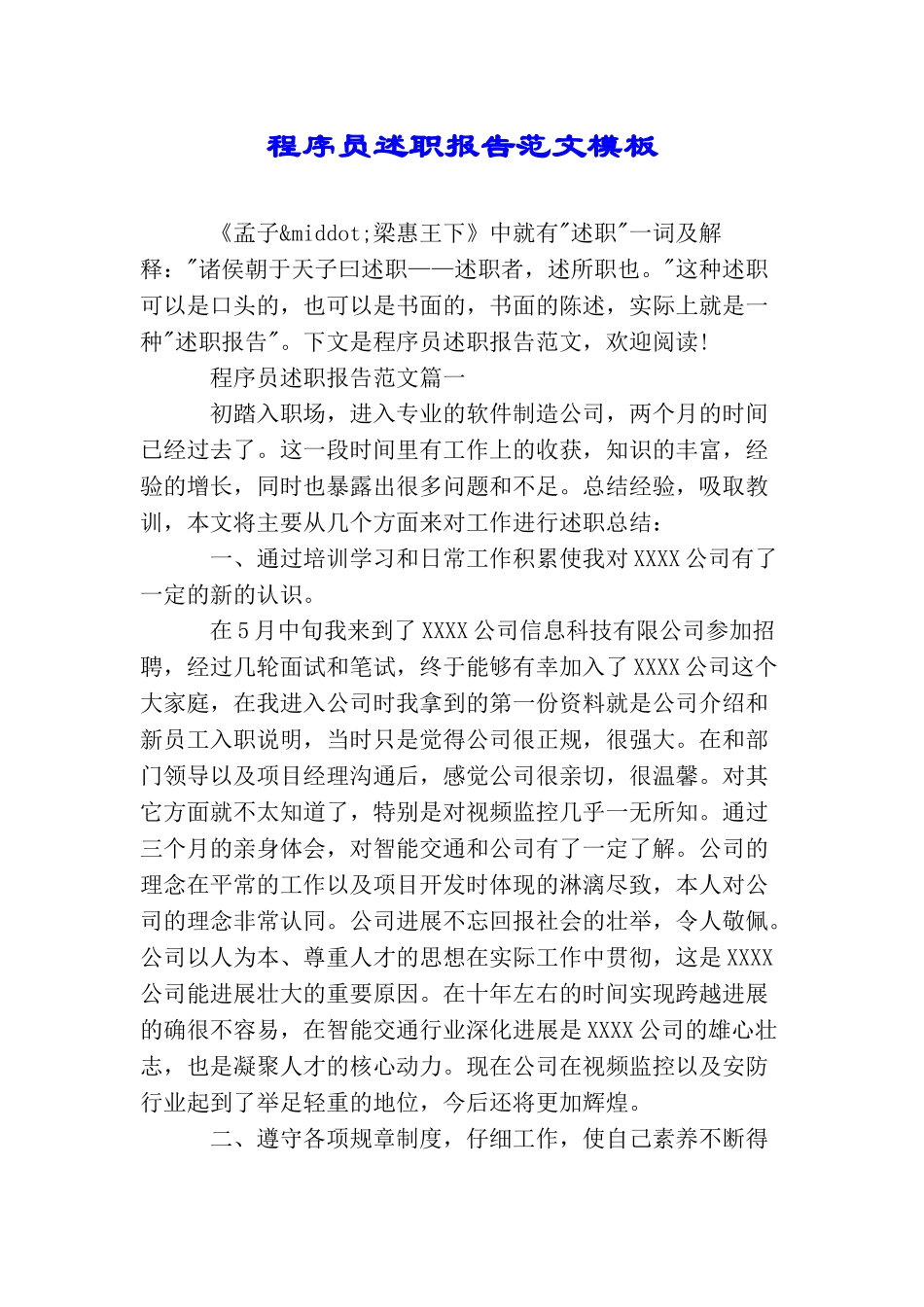 程序员述职报告范文模板_第1页