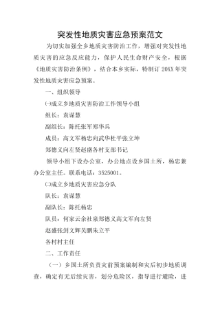 突发性地质灾害应急预案范文